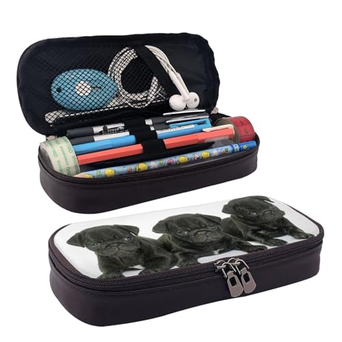 QGGHNISD Labrador Retriever Federmäppchen aus Leder, große Kapazität, langlebig, Federmäppchen, Schüler-Schreibwaren-Tasche, geeignet für Schreibwaren/Kosmetik/kleine Gegenstände, Süßer schwarzer Mops von QGGHNISD