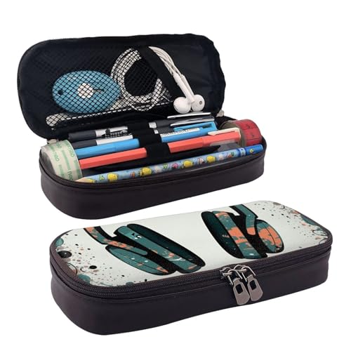 QGGHNISD Lama Animal Alpaka Tropical Cactus Leather Pencil Case, Large Capacity Durable Pencil Box Student Stationery Bag, Suitable for Stationery / Cosmetics/Small Items, Kopfhörer-Muster von QGGHNISD