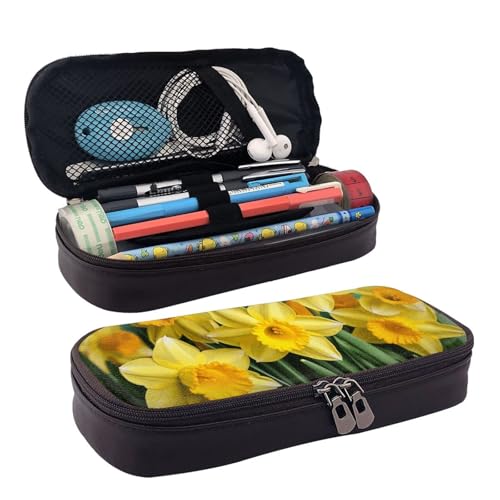 QGGHNISD Lila Elegante Pfingstrose Blume Leder Federmäppchen Große Kapazität Langlebig Bleistift Box Student Schreibwaren Tasche Geeignet für Schreibwaren/Kosmetik/Kleinigkeiten, Gelbe von QGGHNISD