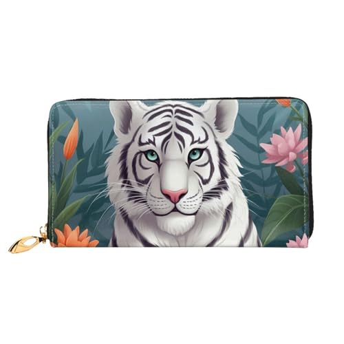 QGGHNISD Llama Animal Alpaca Tropical Cactus Damen Lange Leder Geldbörse mit Reißverschluss Kartenfächer Bargeldfach Clutch Geldbörse, Süßer weißer Tiger, Einheitsgröße von QGGHNISD