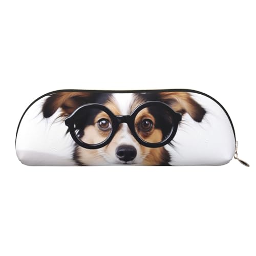 QGGHNISD Niedlicher Hund mit Brille, halbrunder Organizer, kompakte und tragbare Kosmetiktasche aus Leder mit Metallreißverschluss, Stifttasche, geeignet für Studenten oder Bürogebrauch von QGGHNISD