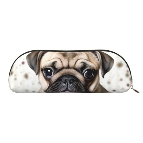 QGGHNISD Niedlicher Schnauzer Halbrunder Organizer - Kompakte und tragbare Kosmetiktasche aus Leder mit Metallreißverschluss Stifttasche, geeignet für Studenten oder Büro, Niedlicher Mops-Welpe mit von QGGHNISD