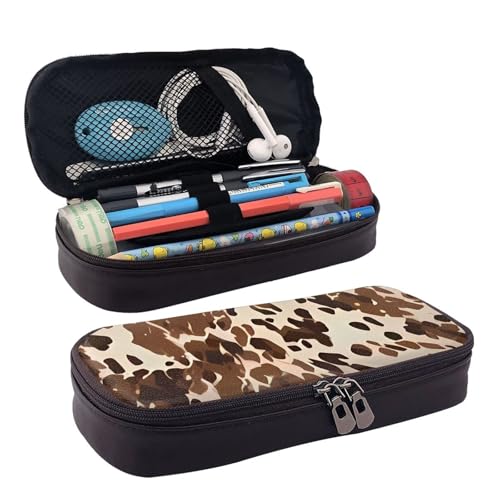 QGGHNISD Niedlicher Tiger Leder-Federmäppchen, große Kapazität, langlebige Stiftebox, Schüler-Schreibwaren-Tasche, geeignet für Schreibwaren/Kosmetik/kleine Gegenstände, Kuh-Tarnmuster, Einheitsgröße von QGGHNISD