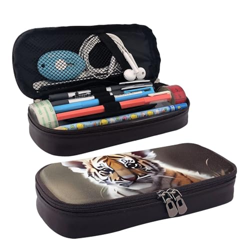 QGGHNISD Niedlicher Tiger Leder-Federmäppchen, große Kapazität, langlebige Stiftebox, Schüler-Schreibwaren-Tasche, geeignet für Schreibwaren/Kosmetik/kleine Gegenstände, Niedlicher Tiger von QGGHNISD