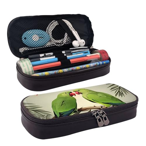 QGGHNISD Niedlicher Tiger Leder-Federmäppchen, große Kapazität, langlebige Stiftebox, Schüler-Schreibwaren-Tasche, geeignet für Schreibwaren/Kosmetik/kleine Gegenstände, Paar Papageien Olivgrün von QGGHNISD