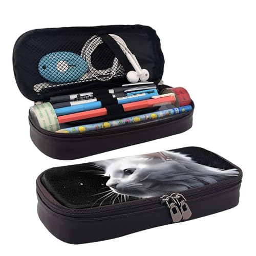 QGGHNISD Niedlicher Tiger Leder-Federmäppchen, große Kapazität, langlebige Stiftebox, Schüler-Schreibwaren-Tasche, geeignet für Schreibwaren/Kosmetik/kleine Gegenstände, Weiße Katzenmalerei von QGGHNISD