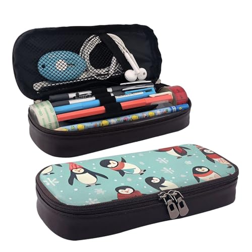 QGGHNISD Niedlicher Tiger Leder-Federmäppchen, große Kapazität, langlebige Stiftebox, Schüler-Schreibwaren-Tasche, geeignet für Schreibwaren/Kosmetik/kleine Gegenstände, Winter-Weihnachts-Pinguine von QGGHNISD