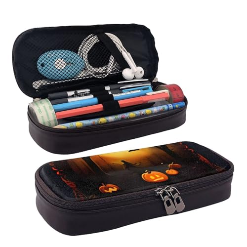 QGGHNISD Night London Tower Bridge Leder-Federmäppchen, große Kapazität, langlebige Stiftebox, Schüler-Schreibwaren-Tasche, geeignet für Schreibwaren/Kosmetik/Kleinigkeiten, Halloween Party von QGGHNISD