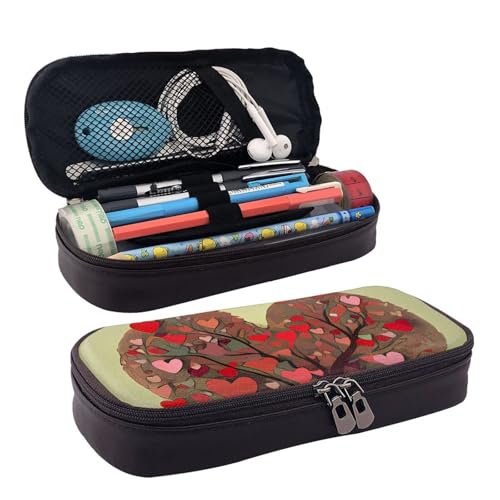 QGGHNISD Night London Tower Bridge Leder-Federmäppchen, große Kapazität, langlebige Stiftebox, Schüler-Schreibwaren-Tasche, geeignet für Schreibwaren/Kosmetik/Kleinigkeiten, Herzbaum, Einheitsgröße von QGGHNISD