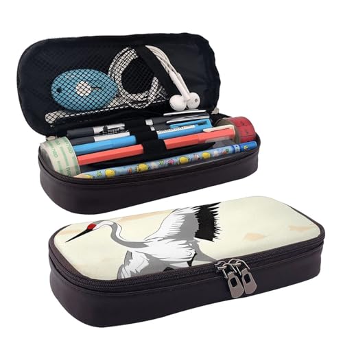 QGGHNISD Night London Tower Bridge Leder-Federmäppchen, große Kapazität, langlebige Stiftebox, Schüler-Schreibwaren-Tasche, geeignet für Schreibwaren/Kosmetik/Kleinigkeiten, Japanischer Kran von QGGHNISD