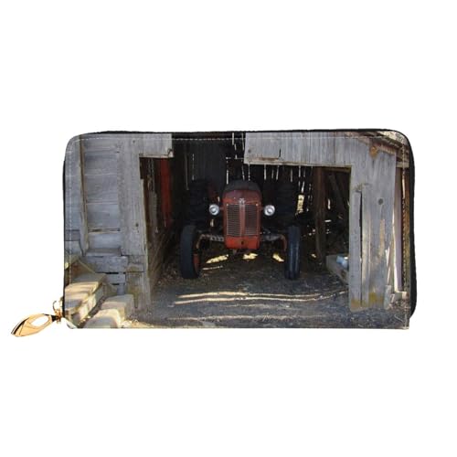 QGGHNISD Old Wooden Barn with Rusted Tractor Women Long Leather Wallet with Zipper, Card Slots, Cash Pocket, Clutch Purse, Alte Holzscheune mit verrostetem Traktor, Einheitsgröße von QGGHNISD