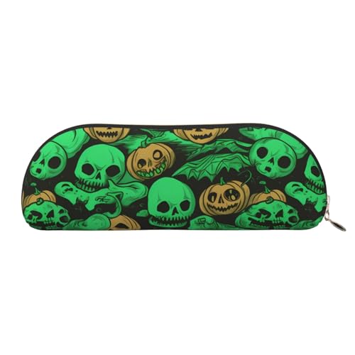 QGGHNISD Owls On A Branch Half Round Organizer - Compact and Portable Leather Cosmetic Bag with Metal Zip Pen Pouch, Suitable for Students Or Office Use, Green Ghost Horror Halloween Kürbis, von QGGHNISD