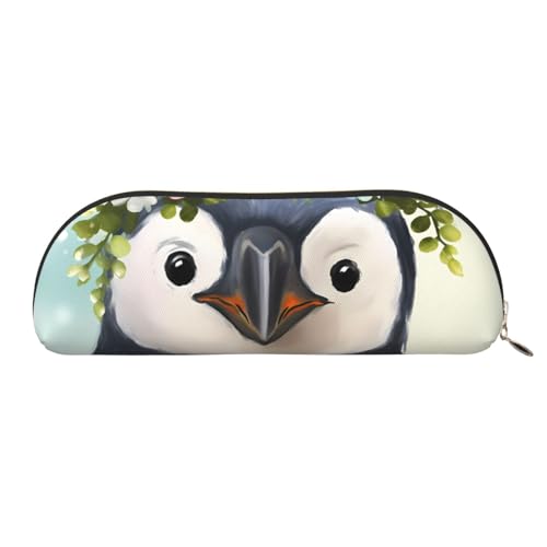 QGGHNISD Pinguin trägt Blumen Halbrunder Organizer - Kompakte und tragbare Kosmetiktasche aus Leder mit Metallreißverschluss Stifttasche, geeignet für Studenten oder Büro von QGGHNISD