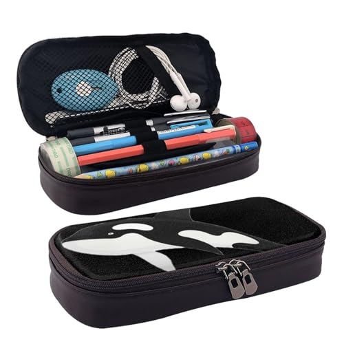QGGHNISD Rasen und Garten Leder Federmäppchen Große Kapazität Langlebige Bleistiftbox Student Schreibwaren Tasche Geeignet für Schreibwaren/Kosmetik/Kleinigkeiten, Killerwal, Delfin, Ozean von QGGHNISD