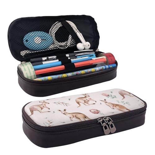 QGGHNISD Rasen und Garten Leder Federmäppchen Große Kapazität Langlebige Bleistiftbox Student Schreibwaren Tasche Geeignet für Schreibwaren/Kosmetik/Kleinigkeiten, Lustiger Cartoon-Känguru-Zoo von QGGHNISD