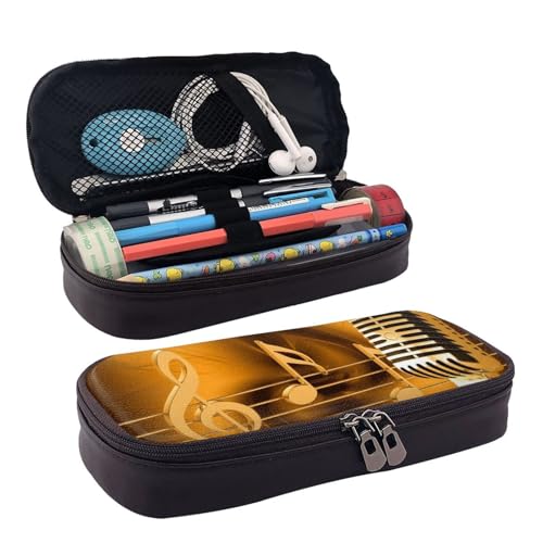 QGGHNISD Rasen und Garten Leder Federmäppchen Große Kapazität Langlebige Bleistiftbox Student Schreibwaren Tasche Geeignet für Schreibwaren/Kosmetik/Kleinigkeiten, Mikrofon mit Musiknoten von QGGHNISD