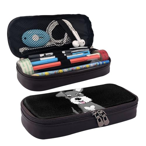 QGGHNISD Rasen und Garten Leder Federmäppchen Große Kapazität Langlebige Bleistiftbox Student Schreibwaren Tasche Geeignet für Schreibwaren/Kosmetik/Kleinigkeiten, Niedlicher Schnauzer, Einheitsgröße von QGGHNISD