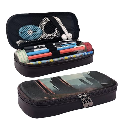 QGGHNISD Tiger Stripes Orange Leder Federmäppchen Große Kapazität Langlebig Bleistift Box Student Schreibwaren Tasche Geeignet für Schreibwaren/Kosmetik/Kleinigkeiten, Ruinen, Einheitsgröße von QGGHNISD