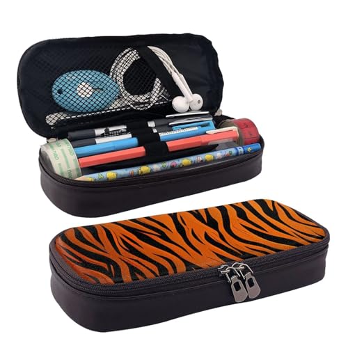 QGGHNISD Tiger Stripes Orange Leder Federmäppchen Große Kapazität Langlebig Bleistift Box Student Schreibwaren Tasche Geeignet für Schreibwaren/Kosmetik/Kleinigkeiten, Tiger Stripes Orange von QGGHNISD