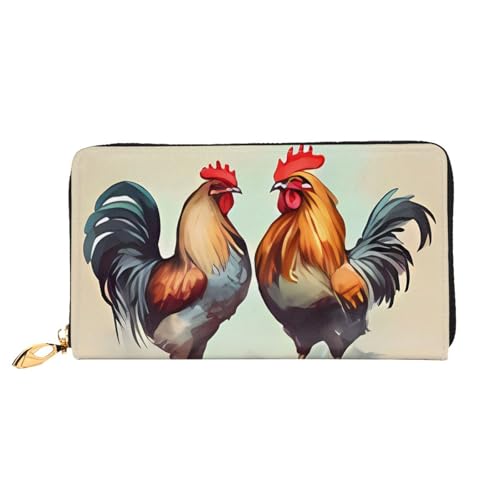 QGGHNISD Two Lions Damen Geldbörse Lang Leder Geldbörse mit Reißverschluss Kartenfächer Bargeldfach Clutch Geldbörse, Hahn und Henne, Einheitsgröße von QGGHNISD