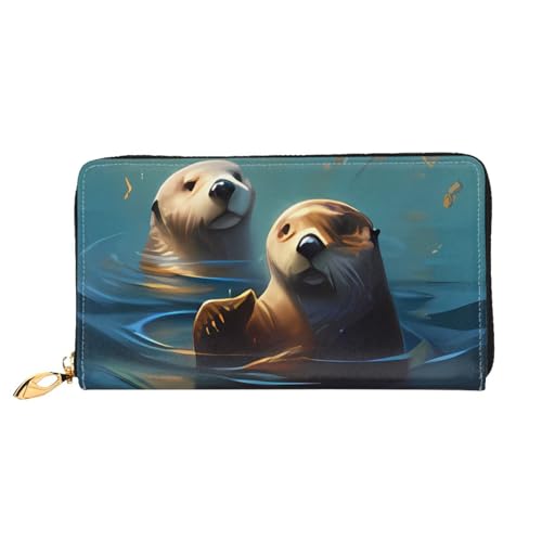 QGGHNISD Two Lions Damen Geldbörse Lang Leder Geldbörse mit Reißverschluss Kartenfächer Bargeldfach Clutch Geldbörse, Seeotter-Gemälde, Einheitsgröße von QGGHNISD