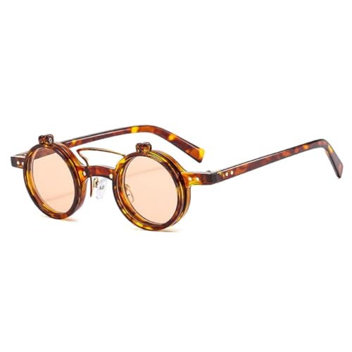 QGGNMGT Beliebte Mode Kleine Runde Punk Doppelstege Damen Sonnenbrille Retro Flip Lens Shades UV400 Herren Nieten (Leopard Champagner) von QGGNMGT