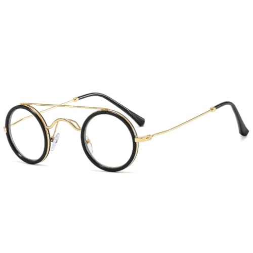 QGGNMGT Beliebte Mode Kleine Runde Sonnenbrille Damen Vintage Metall Punk Brillen Herren Klare Ozeanlinsen Shades UV400 (Schwarz Klar) von QGGNMGT