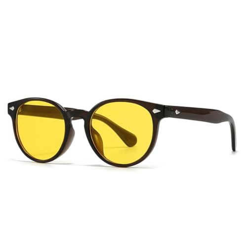 QGGNMGT Beliebte Mode Oval Damen Sonnenbrille Vintage Nieten Punk Herren Blau Gelb Shades UV400 (Dunkelbraun Gelb) von QGGNMGT