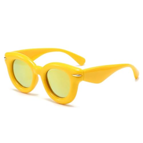 QGGNMGT Damenmode Ovale Sonnenbrille in Bonbonfarbe Retro Nieten Herren Trendy Punk Runde Sonnenbrille UV400 (Gelb Gelb Spiegel) von QGGNMGT