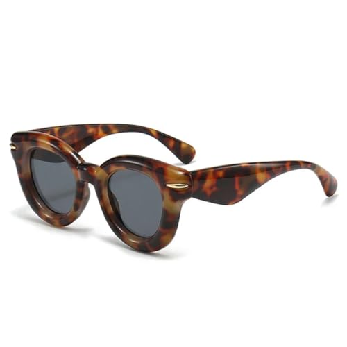 QGGNMGT Damenmode Ovale Sonnenbrille in Bonbonfarbe Retro Nieten Herren Trendy Punk Runde Sonnenbrille UV400 (Leopardengrau) von QGGNMGT