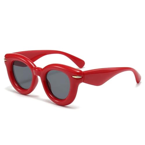 QGGNMGT Damenmode Ovale Sonnenbrille in Bonbonfarbe Retro Nieten Herren Trendy Punk Runde Sonnenbrille UV400 (Rot Grau) von QGGNMGT