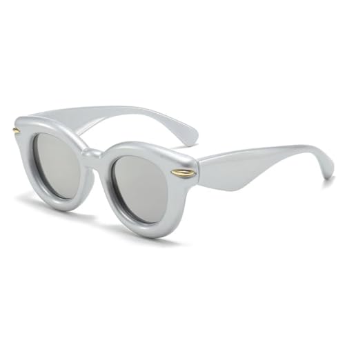 QGGNMGT Damenmode Ovale Sonnenbrille in Bonbonfarbe Retro-Nieten Herren Trendy Punk Runde Sonnenbrille UV400 (Silberspiegel) von QGGNMGT