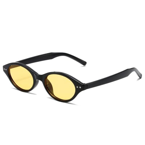 QGGNMGT Kleine ovale Sonnenbrille für Damen, Retro, Bonbonfarben, UV400, für Herren, trendige Nieten (schwarz-gelb) von QGGNMGT