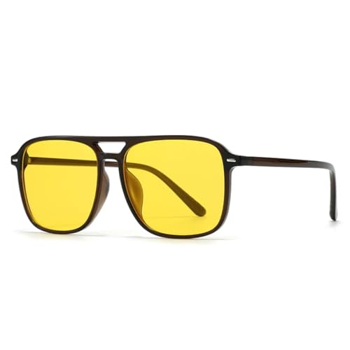 QGGNMGT Modische Damen-Sonnenbrille mit Doppelsteg, UV400, Retro-Nieten, für Herren, Gelbgrün (Dunkelbraun/Gelb) von QGGNMGT