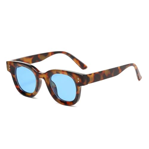 QGGNMGT Modische Damen-Sonnenbrille mit transparenten Ozeangläsern, Retro-Nieten-Dekoration, Herren-Punk-Leoparden-Sonnenbrille, UV400 (Leopardenblau) von QGGNMGT