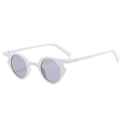 QGGNMGT Modische kleine Katzenaugen-Sonnenbrille für Damen, Retro-Nieten-Dekoration, Herren, trendiger Punk-Stil, runde Gläser, UV400 (weiß/hellgrau) von QGGNMGT