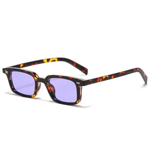 QGGNMGT Modische kleine rechteckige Sonnenbrille für Damen, Bonbonfarben, UV400, Retro-Nieten, Herren, Punk (Leoparden-Lila) von QGGNMGT