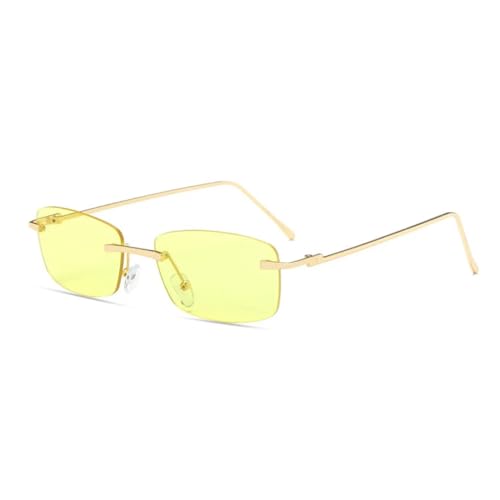 QGGNMGT Modische kleine rechteckige randlose Sonnenbrille für Damen, Vintage, klare Ozeanlinse, Brillen für Herren, Farbverlauf, UV400 (gelb) von QGGNMGT