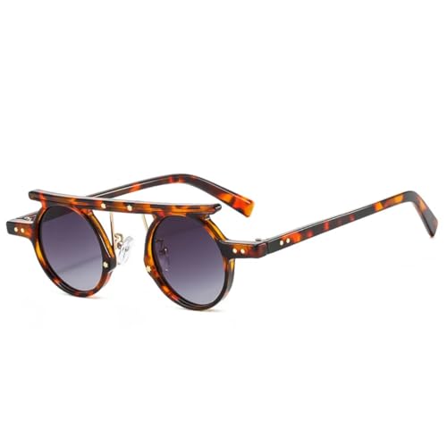 QGGNMGT Modische kleine runde Punk-Sonnenbrille für Damen, Retro, klare Ozean-Farbverlaufsgläser, UV400, für Herren, zweifarbige Nieten (Leopardengrau) von QGGNMGT