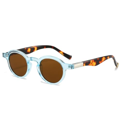 QGGNMGT Modische kleine runde Sonnenbrille mit zweifarbigen Farben, Retro, klare Farbverlaufstöne, UV400, Herren, Punk (blauer Leopardentee) von QGGNMGT