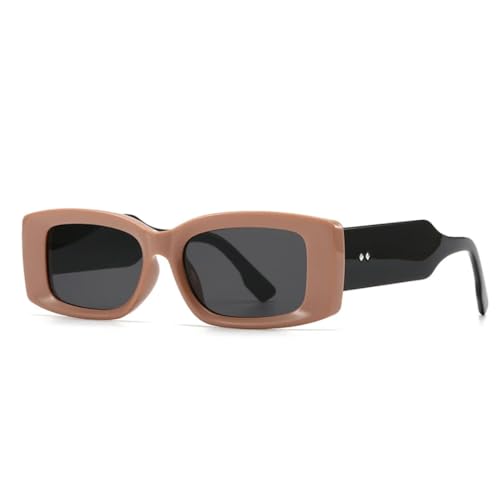 QGGNMGT Modische rechteckige Damen-Sonnenbrille im Retro-Stil, Bonbonfarben, klarer Farbverlauf, breite Beine, Nieten (braun, schwarz, grau) von QGGNMGT