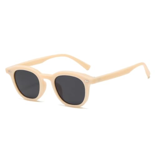 QGGNMGT Modische runde Sonnenbrille für Damen, Vintage, Nieten, Brillen, UV400, für Herren (Beige-Grau) von QGGNMGT