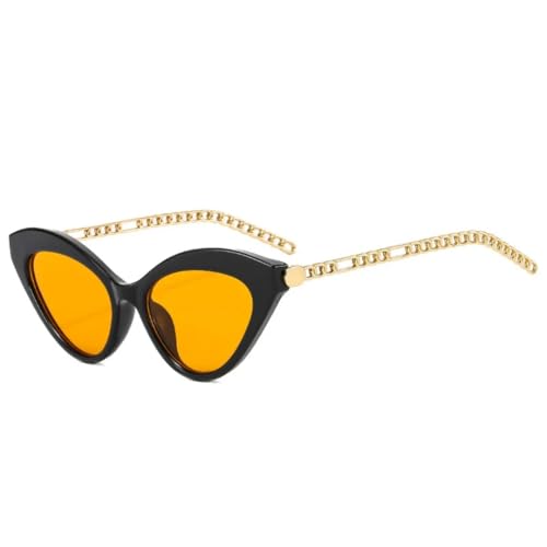 QGGNMGT Retro Cat Eye Bunte Sonnenbrille Damen Trendy Herren Metallkette Shades UV400 Dunkelgrün (Schwarz Gelb) von QGGNMGT