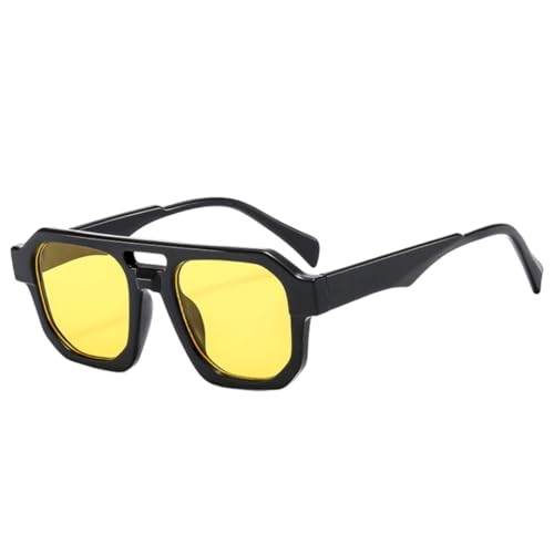QGGNMGT Retro Doppelstege Polygon Sonnenbrille Damen Klare Ozeanlinsen Shades UV400 Herren Punk Olivgrün (Schwarz Gelb) von QGGNMGT