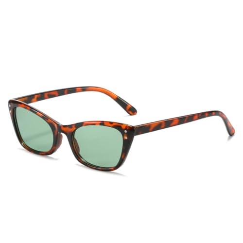 QGGNMGT Retro Kleine Cat-Eye-Sonnenbrille Damenmode Klare Ozean-Farbverlaufsgläser UV400 Herren Nieten (Leopardengrün) von QGGNMGT