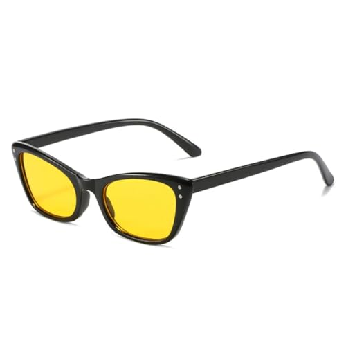 QGGNMGT Retro Kleine Katzenaugen-Sonnenbrille Damenmode Klare Ozean-Farbverlaufsgläser UV400 Herren Nieten (Schwarz Gelb) von QGGNMGT