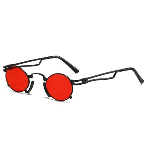 QGGNMGT Retro Kleine Ovale Sonnenbrille Damenmode Unregelmäßiger Metallrahmen Herren Punk Shades UV400 Rot Gelb (Schwarz Rot) von QGGNMGT