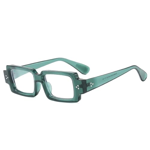 QGGNMGT Retro Kleine Rechteckige Sonnenbrille Damen Nieten Blau Gelb Shades UV400 Mode Herren Klare Linse Brillengestell (Grün Klar) von QGGNMGT
