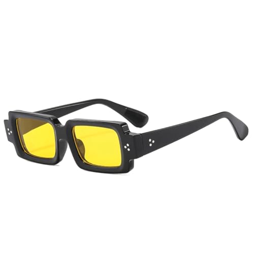 QGGNMGT Retro Kleine Rechteckige Sonnenbrille Damen Nieten Blau Gelb Shades UV400 Mode Herren Klare Linse Brillengestell (Schwarz Gelb) von QGGNMGT