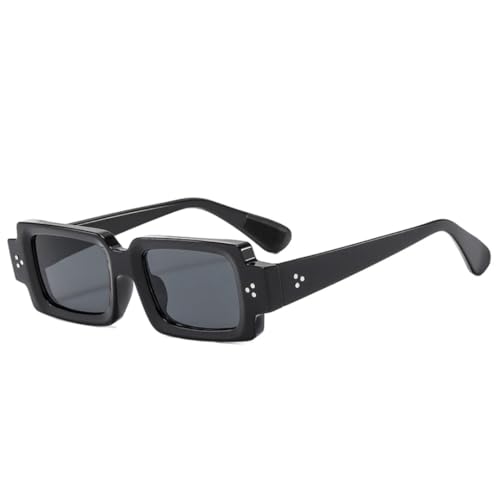 QGGNMGT Retro Kleine Rechteckige Sonnenbrille Damen Nieten Blau Gelb Shades UV400 Mode Herren Klare Linse Brillengestell (Schwarz Grau) von QGGNMGT